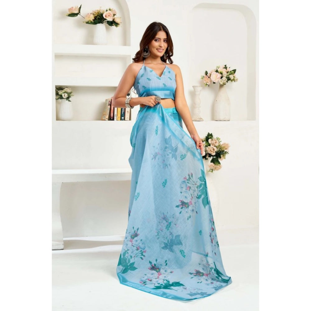 Sky Blue linen cotton saree for women — pallu detail