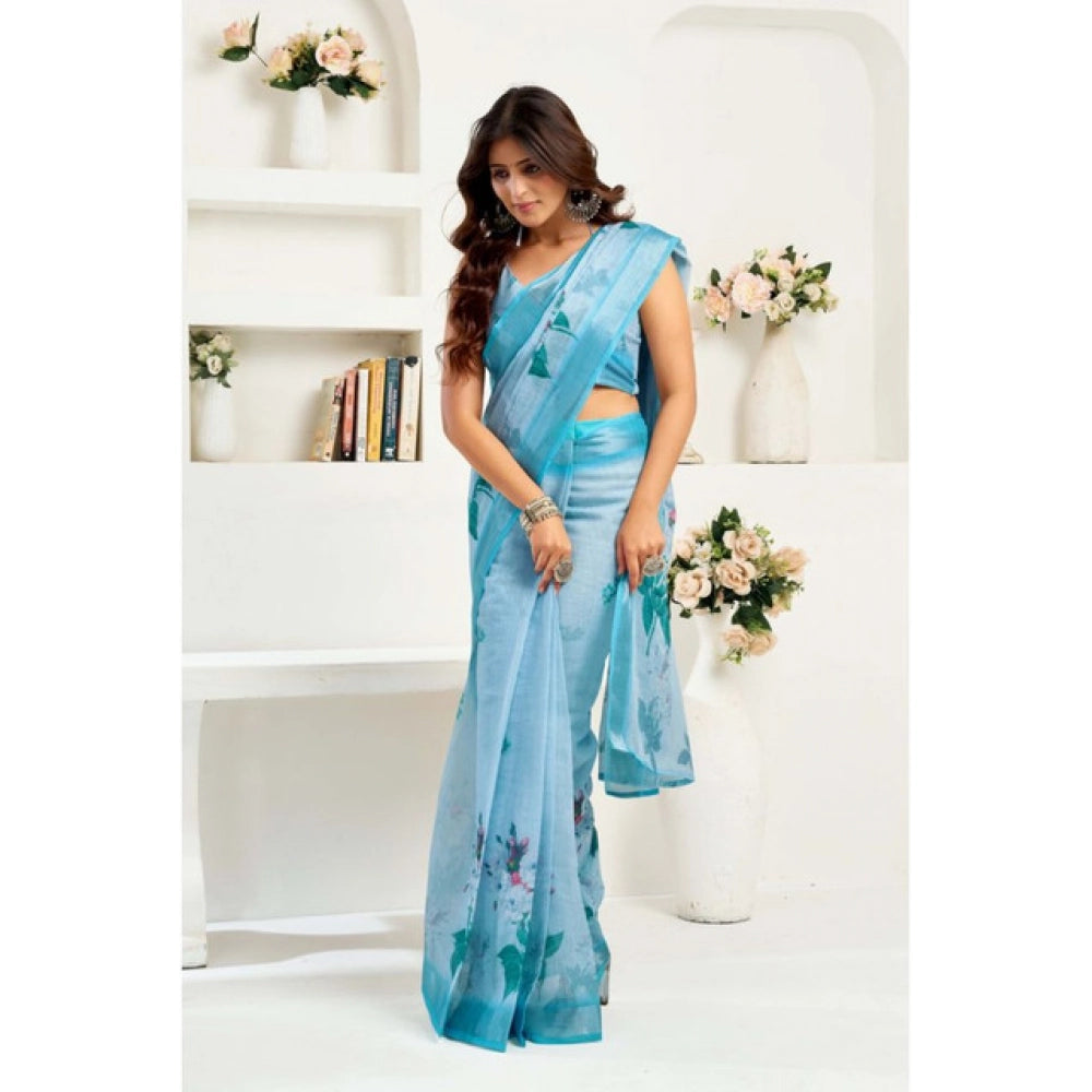 Sky Blue linen cotton saree for women — pallu detail