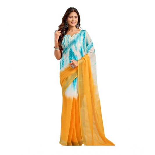 Aqua Blue linen cotton saree for women — full drape view