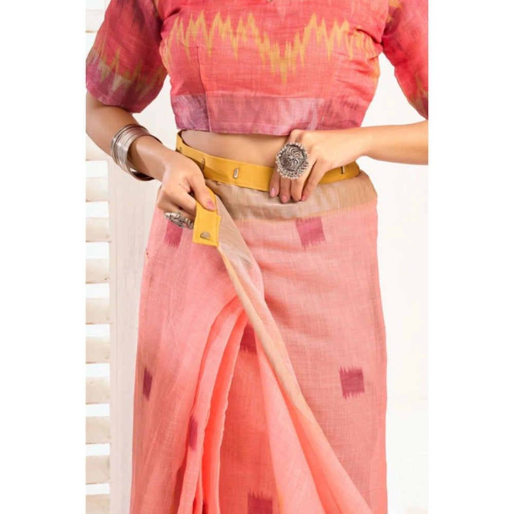 Peach linen cotton saree for women — pallu detail