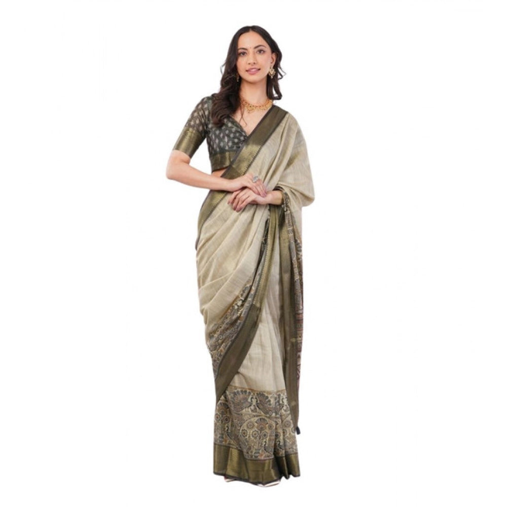 Beige polyester saree for women — full drape view