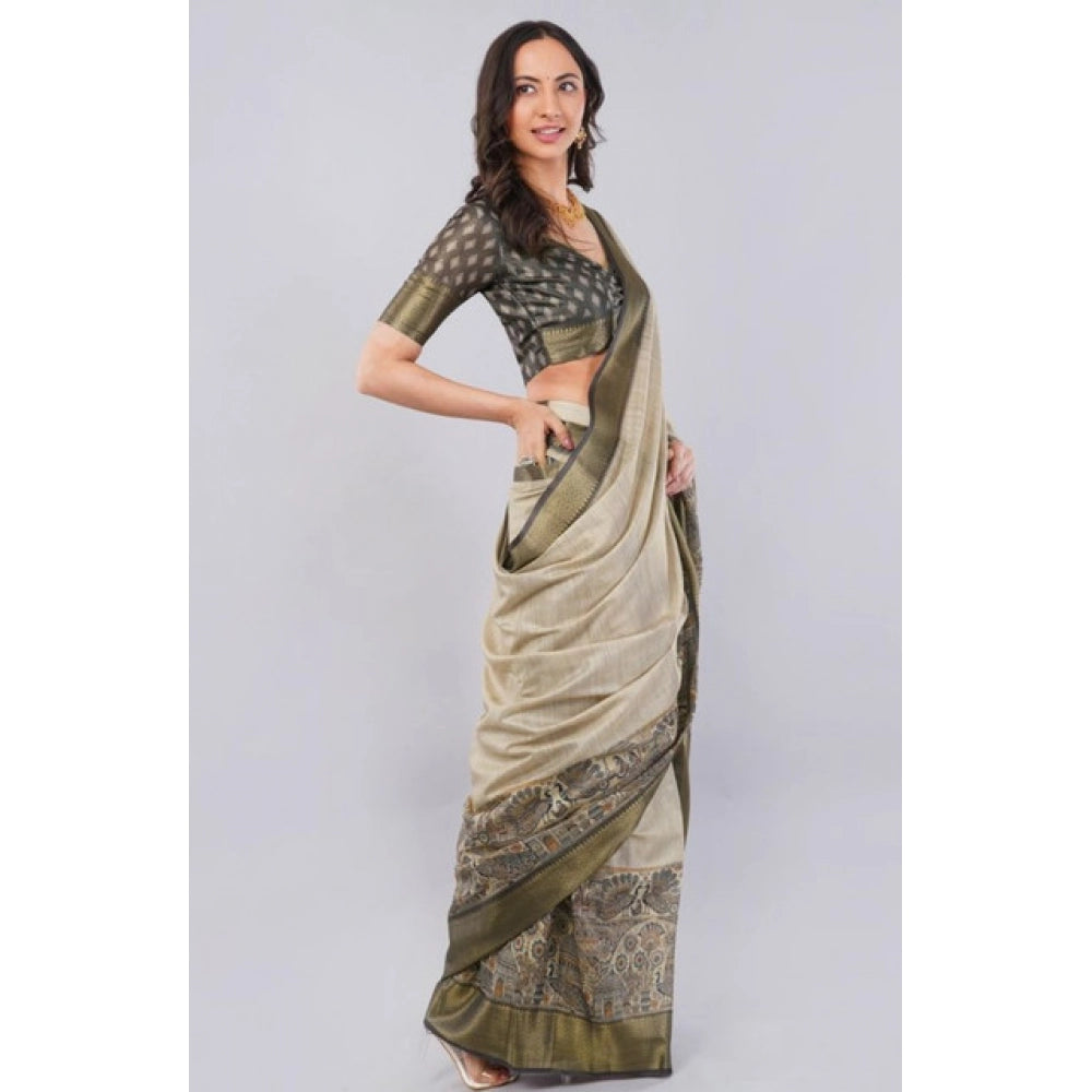 Beige polyester saree for women — pallu detail