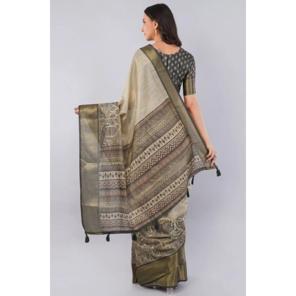 Beige polyester saree for women — pallu detail
