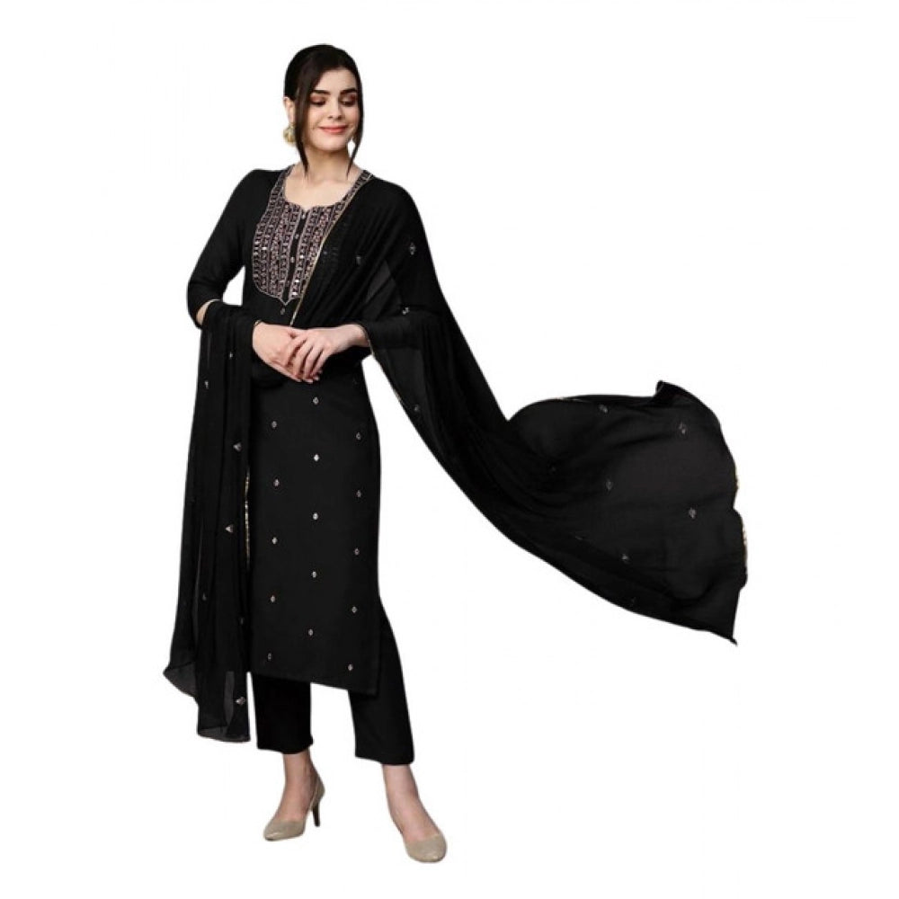 Black tesla silk kurti pant dupatta set for women — front view