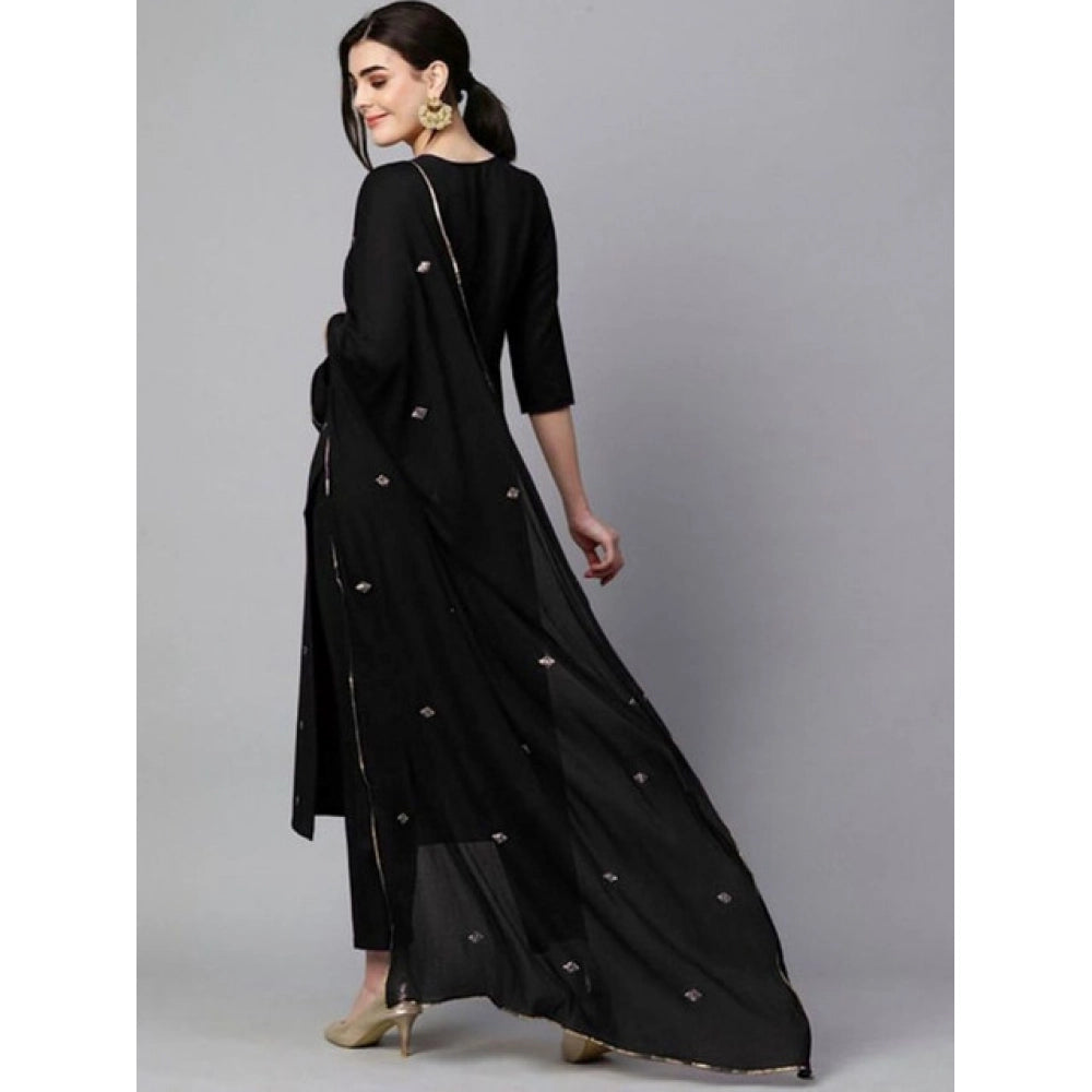 Black tesla silk kurti pant dupatta set for women — detail view