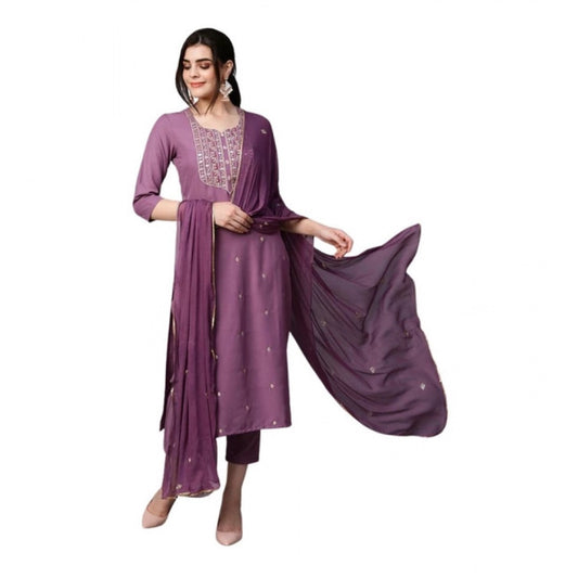 Light Purple tesla silk kurti pant dupatta set for women — front view