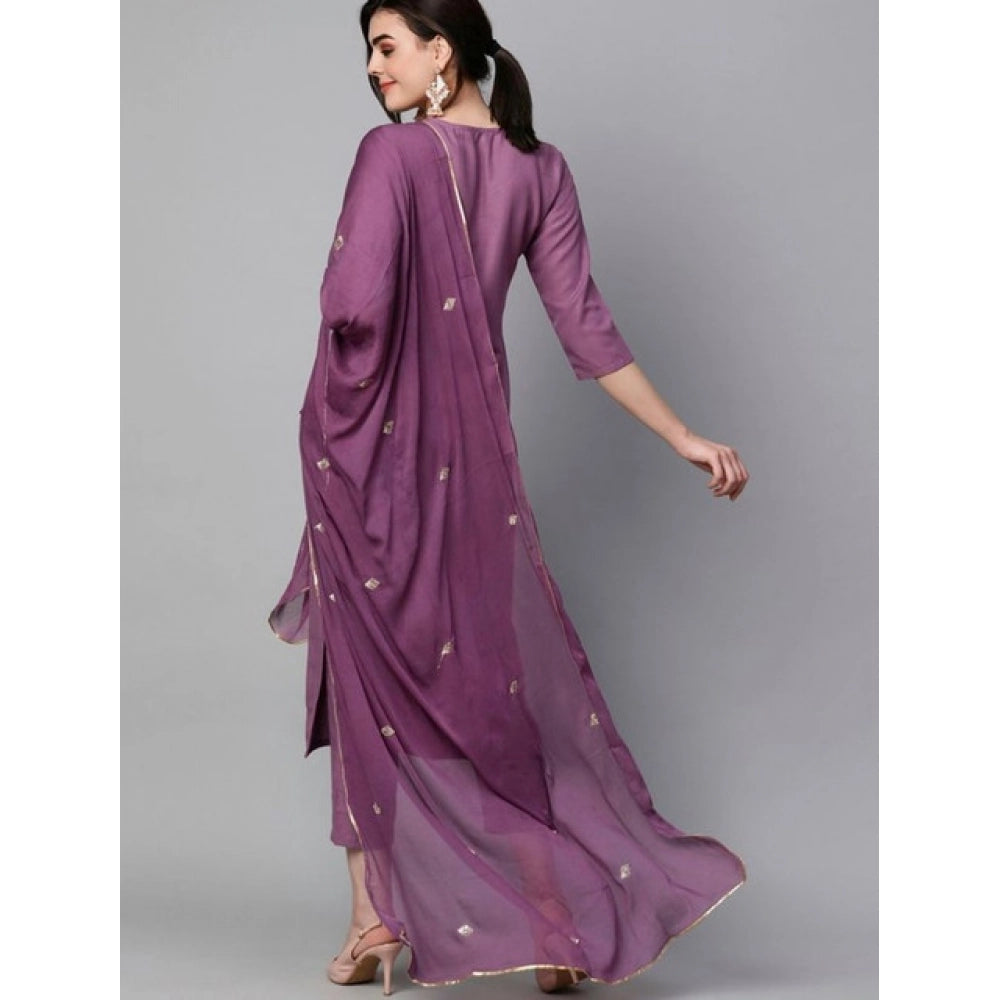 Light Purple tesla silk kurti pant dupatta set for women — detail view