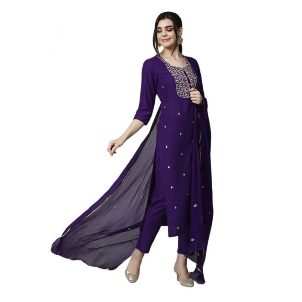 Dark Purple tesla silk kurti pant dupatta set for women — front view