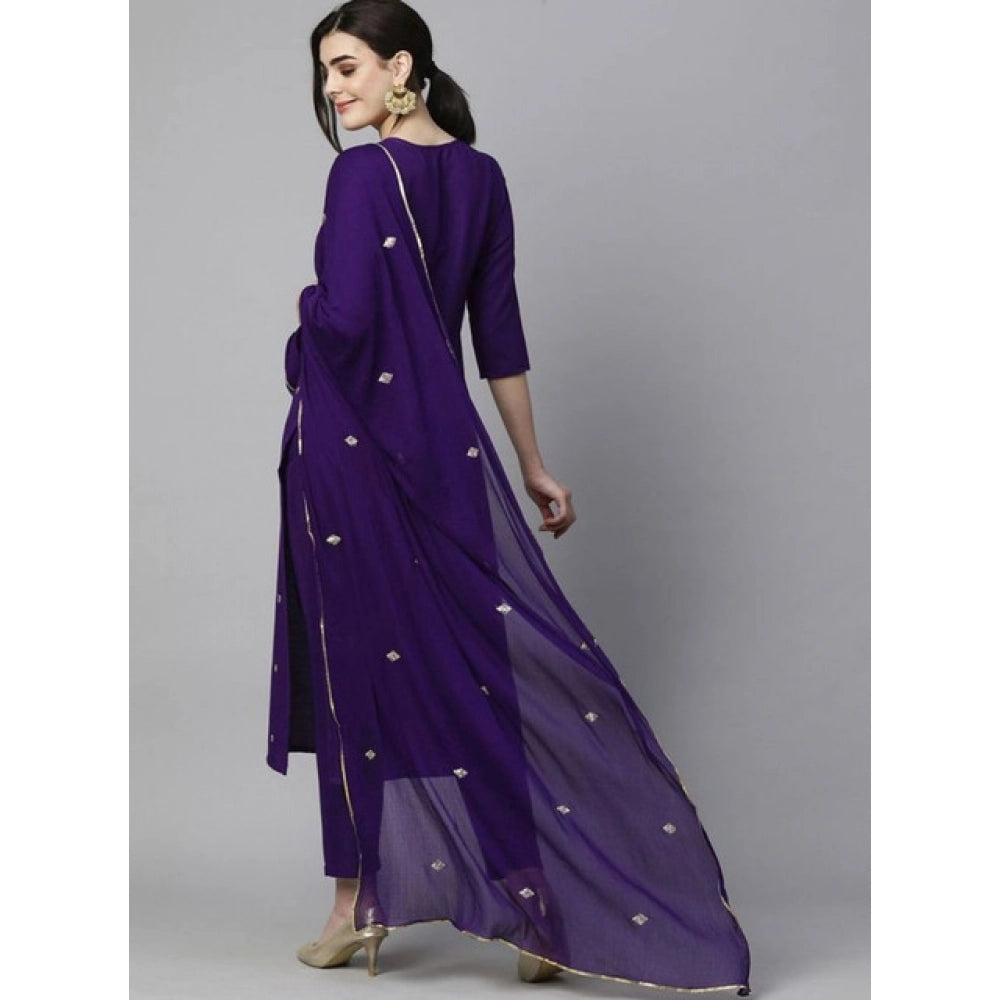 Dark Purple tesla silk kurti pant dupatta set for women — detail view
