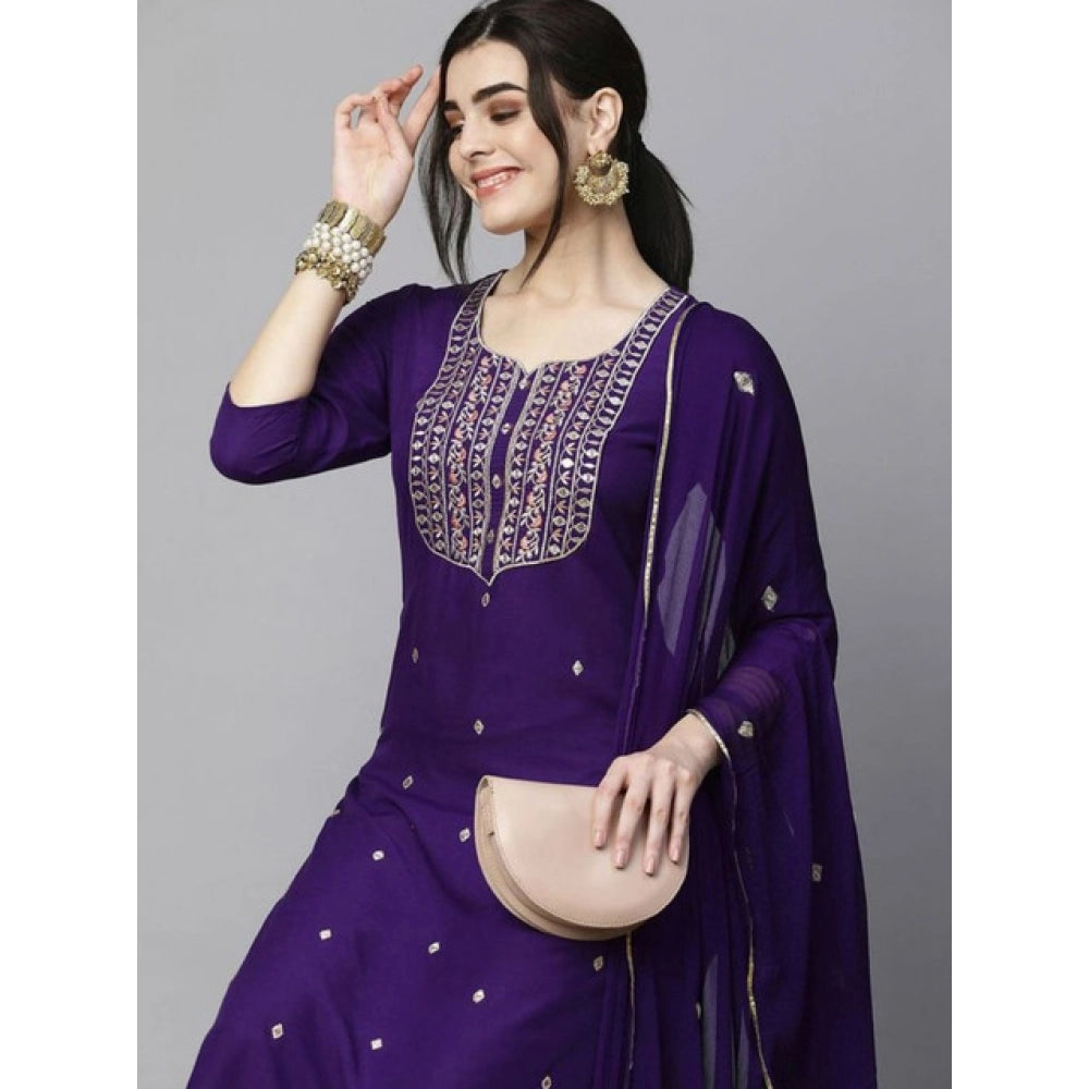 Dark Purple tesla silk kurti pant dupatta set for women — side angle